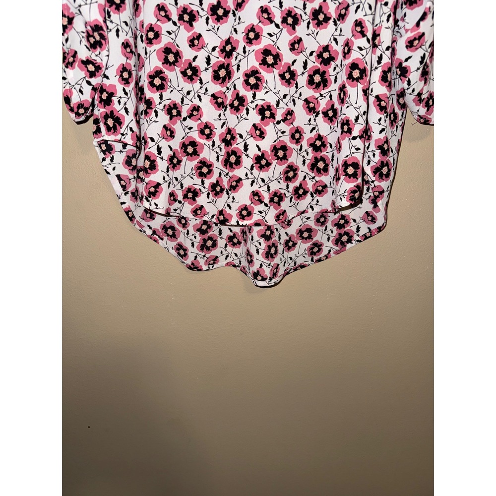 Pink Black Floral Poppy Roll Tab Sleeve V-Neck Blouse Top M cottagecor lagenlook - Picture 6 of 8
